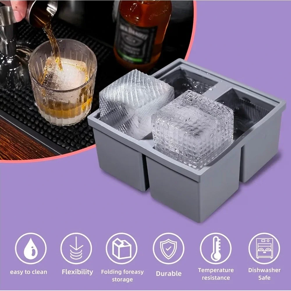 Kitver Big Square Ice Cube‎ Tray Silicone 4-Cell Mold with Lid Grey Orange NEW